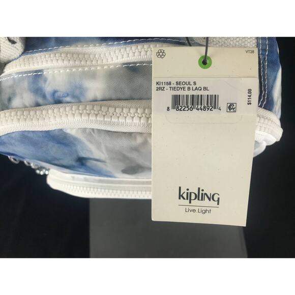 Kipling Tie Dye Pattern Backpack school book bag Blue/White/Gray New - Picture 12 of 12